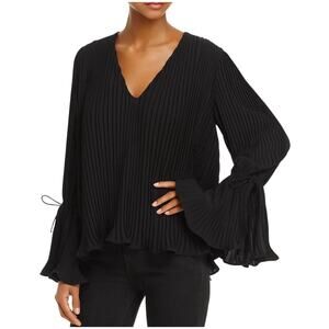 C/MEO Collective Blouse Revolve Black Pleated Long Bell Sleeve V-Neck Small